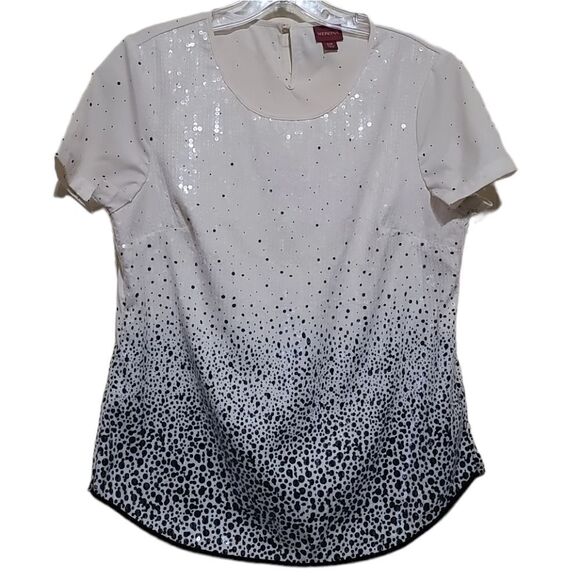 Merona Black and Cream Polka Dot Sequin Short-Sleeve Blouse Sz Small - Picture 1 of 8
